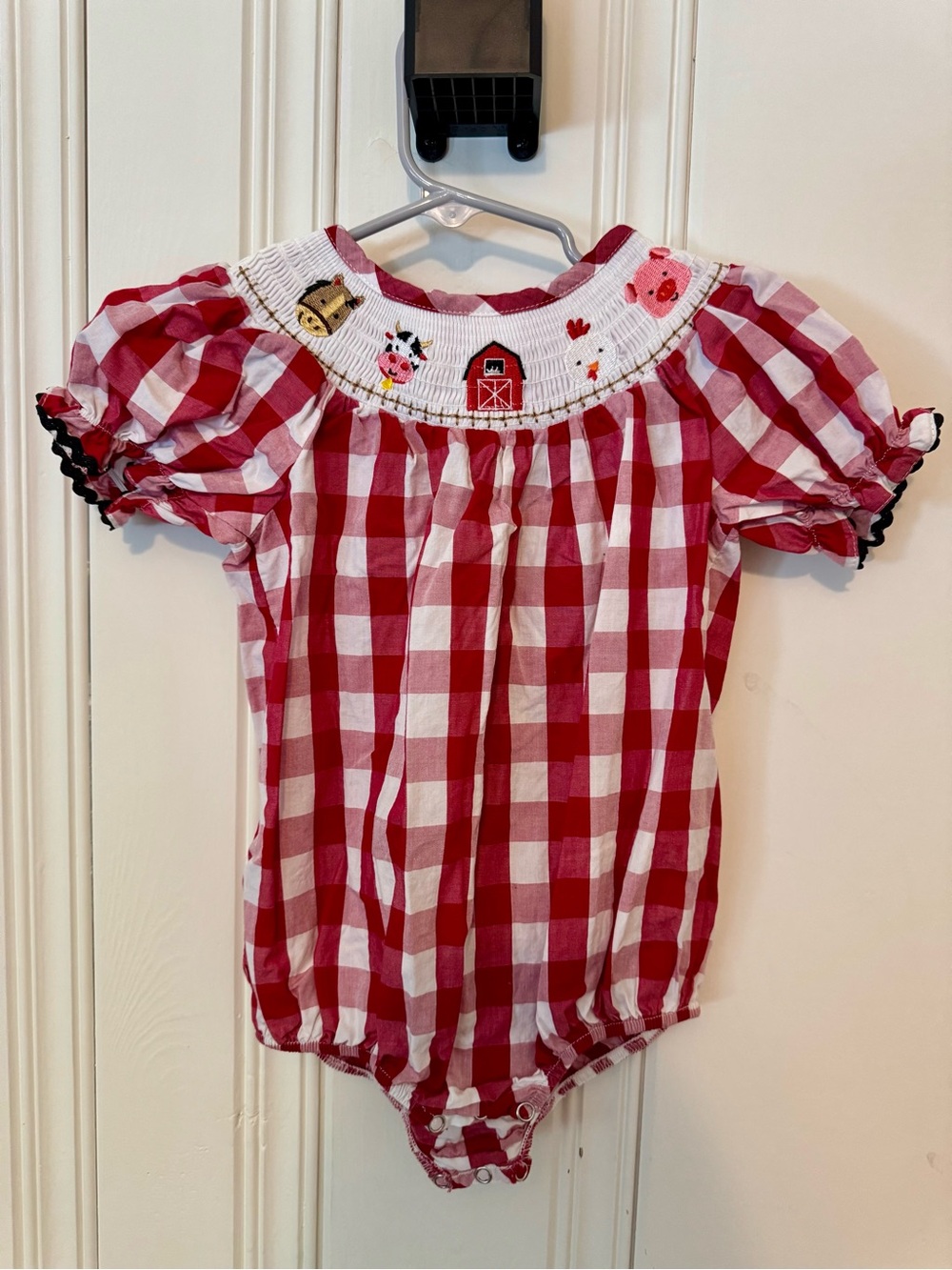 Red and White Gingham Baby Romper with Farm Smocking